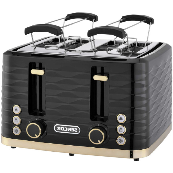 Тостер Sencor 1600Вт, підігрів, розморожування, 4 слоти, пластик, чорно-золотий