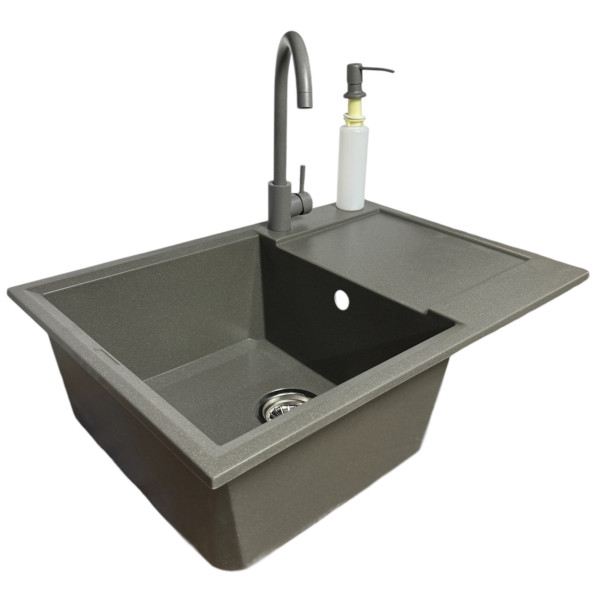Набір кухонний Adamant Horizon Medium, штучний камінь, прямокут., з крилом, 700х500х230мм, чаша - 1, врізна, сірий + змішувач та дозатор