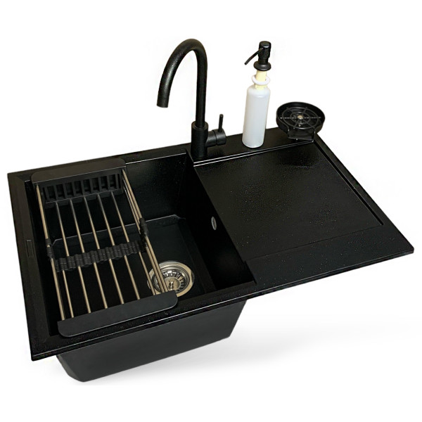 Набір кухонний Adamant Horizon, штучний камінь, прямокут., з крилом, 780х495х230мм, чаша - 1, врізна, чорний + змішувач + дозатор + ополіскувач склянок + коландер