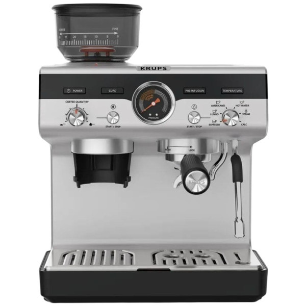 Кавоварка Krups ріжкова Precision+, 3.5л, вдубована кавомолка, ручний капучинатор, 15 бар, чорний-сірий