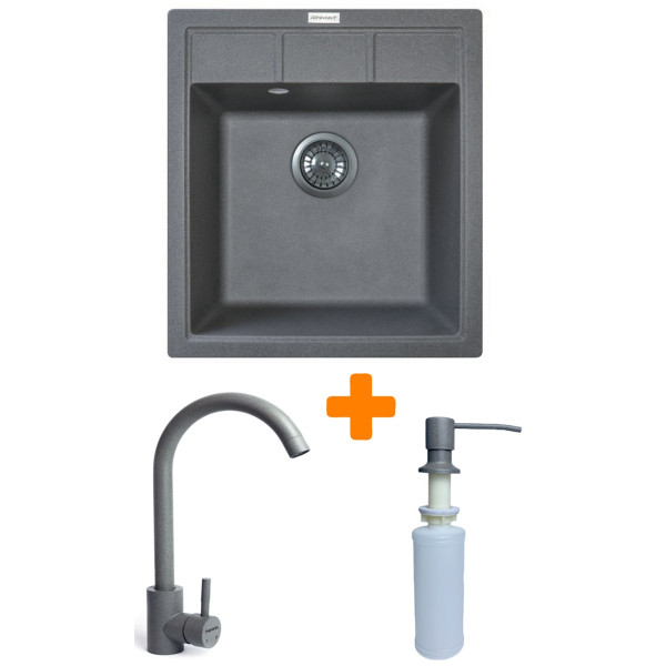 Набір кухонна Adamant Brick, штучний камінь, квадрат, без крила, 460x515x200мм, чаша - 1, врізна, сірий + змішувач та дозатор