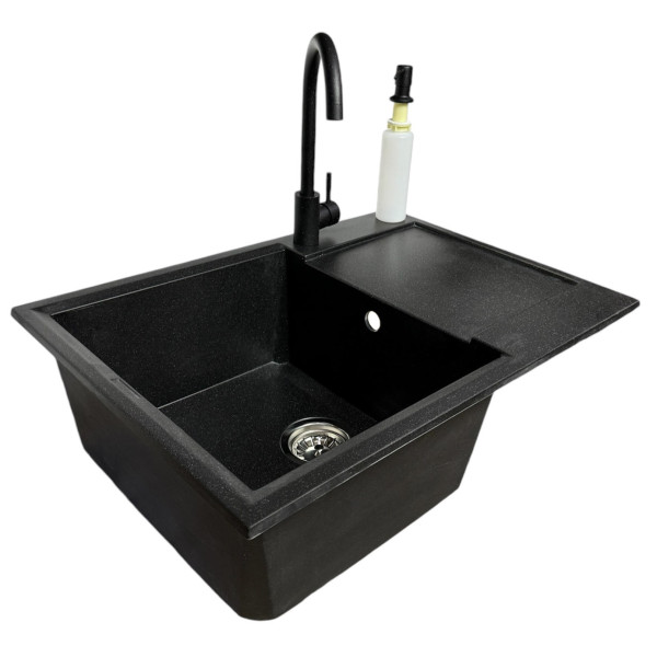 Набір кухонний Adamant Horizon Medium, штучний камінь, прямокут., з крилом, 700х500х230мм, чаша - 1, врізна, чорний + змішувач та дозатор