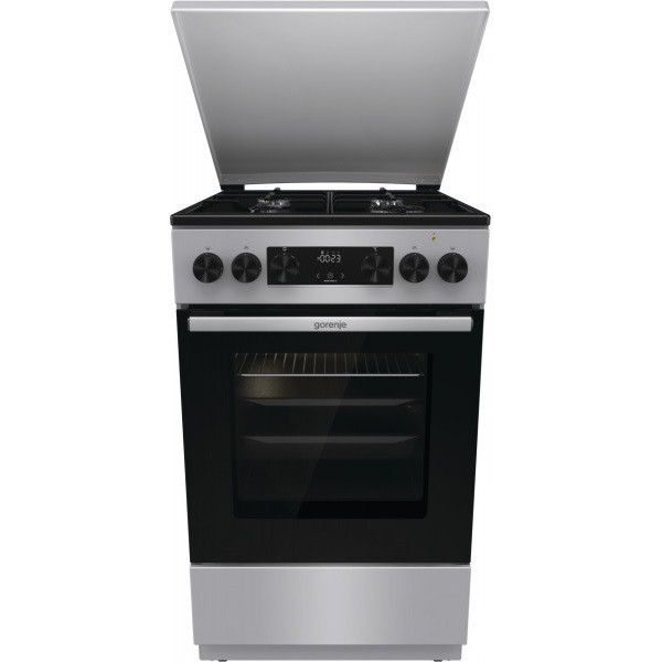 Плита Gorenje комбінована, 62л, 50x60см, метал. кришка, дисплей, емальовані реш, титан