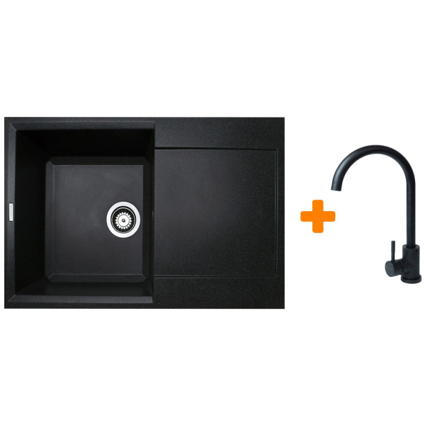 Набір кухонний Adamant Horizon, штучний камінь, прямокут., з крилом, 780х495х230мм, чаша - 1, врізна, чорний + змішувач