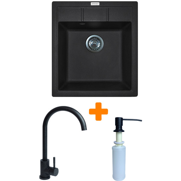 Набір кухонна Adamant Brick, штучний камінь, квадрат, без крила, 460x515x200мм, чаша - 1, врізна, чорний + змішувач та дозатор