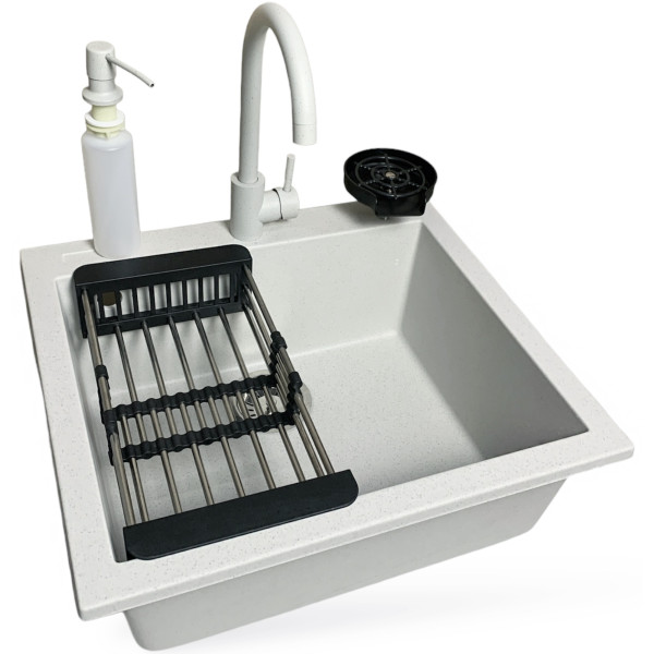 Набір кухонний Adamant Univer, штучний камінь, квадрат, без крила, 560х500х200мм, чаша - 1, врізна, Old stone + змішувач + дозатор + ополіскувач склянок + коландер