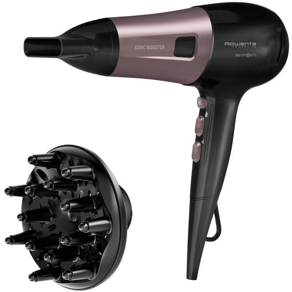 Фен Rowenta Powerline, 2400Вт, 3 режими, дифузор, іоніз-я, хол. обдув, чорно-рожевий