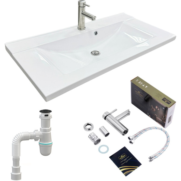 Набір для ванної кімнати, раковина, умивальник Adamant QUANTO 90, штучний камінь, прямокут., з сифоном Click-Clack + змішувач