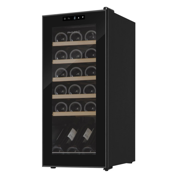 Холодильник Philco для вина, 77x34.5x45, холод.відд.-50л, зон - 1, бут-18, диспл, підсвітка, дерев'яні полиці, чорний