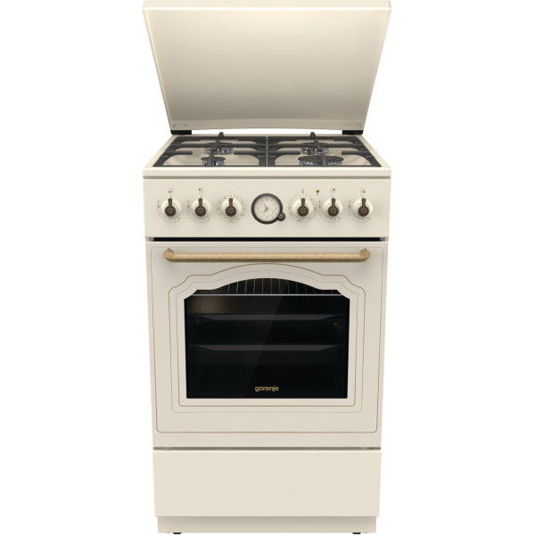 Плита Gorenje комбінована, 70л, 50x60см, дисплей, газ-контроль, чавун, слонової кістки