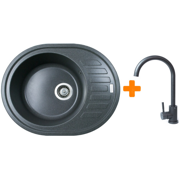 Набір кухонний Adamant Ovum, штучний камінь, овальна, з крилом, 615х495х200мм, чаша - 1, врізна, графіт + змішувач