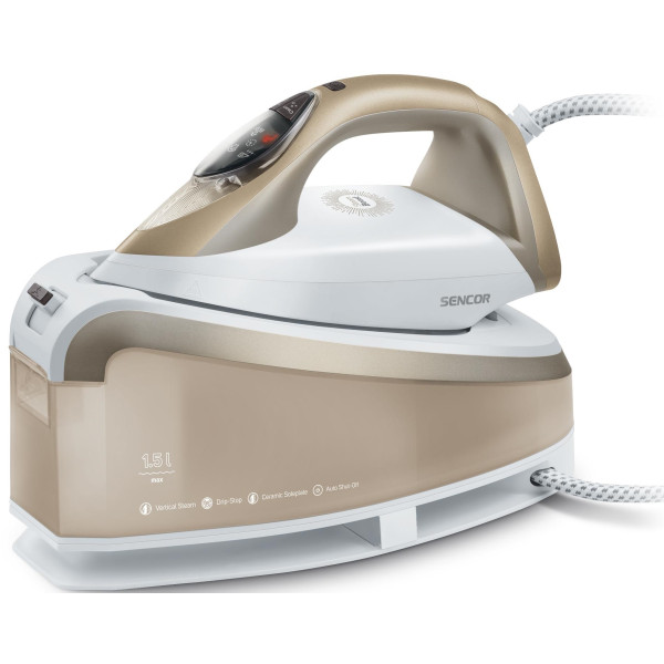 Праска-парогенератор Sencor, 2400Вт, 1500мл, паровий удар -395гр, постійна пара - 130гр, Anti-calc, керам. підошва, біло-золотий