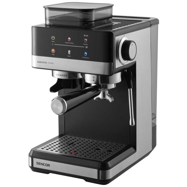 Кавоварка Sencor ріжкова 1.8л, зерно+мелена, вбудована кавомолка, дисплей, нерж. сталь-чорний