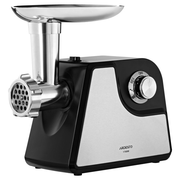М'ясорубка ARDESTO, 1700Вт, 1.6кг/хв, 2 решітки, насадка для ковбас, кеббе, томатів, пластик/метал, чорно-срібний