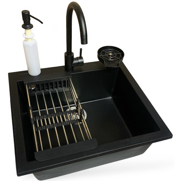 Набір кухонний Adamant Univer, штучний камінь, квадрат, без крила, 560х500х200мм, чаша - 1, врізна, антрацит + змішувач + дозатор + ополіскувач склянок + коландер