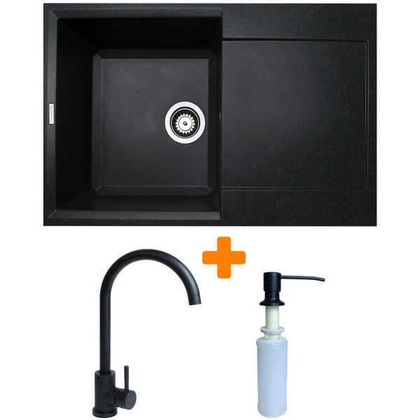 Набір кухонний Adamant Horizon, штучний камінь, прямокут., з крилом, 780х495х230мм, чаша - 1, врізна, чорний + змішувач та дозатор