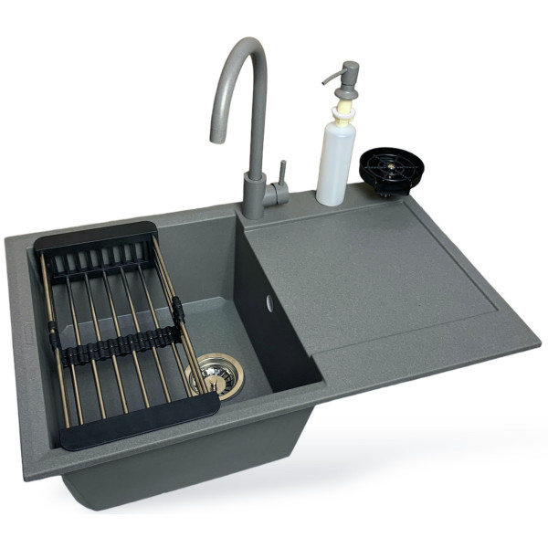 Набір кухонний Adamant Horizon, штучний камінь, прямокут., з крилом, 780х495х230мм, чаша - 1, врізна, сірий + змішувач та дозатор