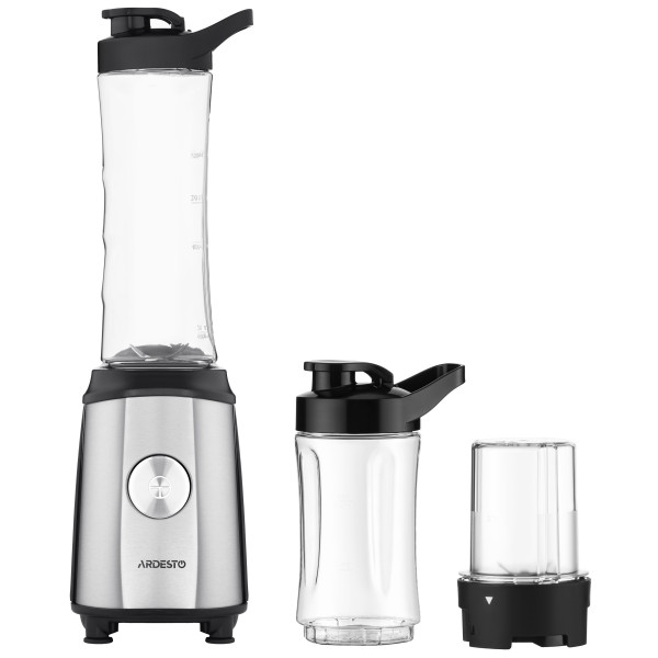 Блендер для смузі ARDESTO SBG-F350, 350Вт,2в1, пляшка -600мл, пляшка -300 мл, кавомолка , чорно-сріблястий