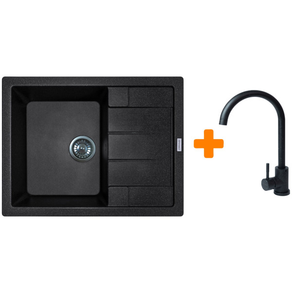 Набір кухонний Adamant Anila, штучний камінь, прямокут., з крилом, 645х495х200мм, чаша - 1, врізна, чорний + змішувач