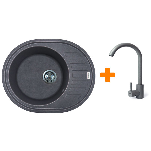 Набір кухонний Adamant Ovum, штучний камінь, овальна, з крилом, 615х495х200мм, чаша - 1, врізна, сірий + змішувач