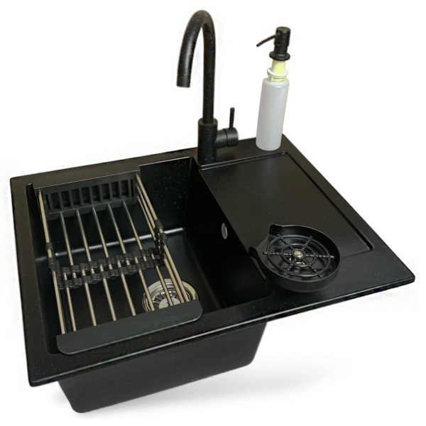 Набір кухонний Adamant Minimal, штучний камінь, прямокут., з крилом, 615х495х200мм, чаша - 1, врізна, антрацит + змішувач + дозатор + ополіскувач склянок + коландер