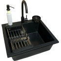 Набір кухонний Adamant Univer, штучний камінь, квадрат, без крила, 560х500х200мм, чаша - 1, врізна, чорний + змішувач + дозатор + ополіскувач склянок + коландер