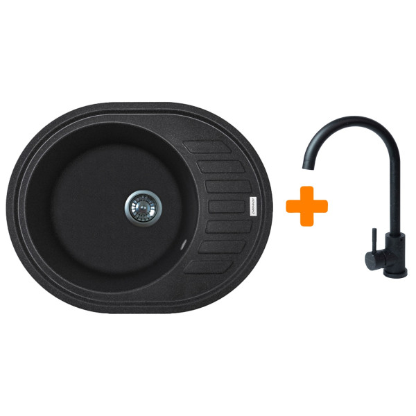 Набір кухонний Adamant Ovum, штучний камінь, овальна, з крилом, 615х495х200мм, чаша - 1, врізна, чорний + змішувач