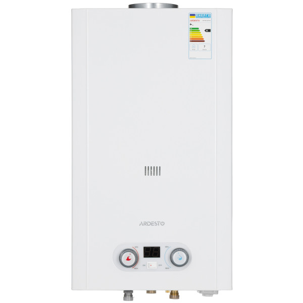Газова колонка ARDESTO HB03 10л/хв 20кВт Low NOx дисплей розпалювання від батарейки білий
