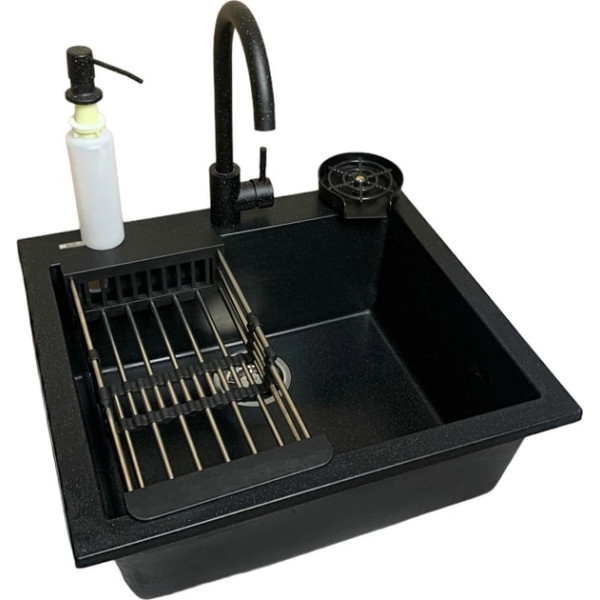 Набір кухонний Adamant Univer, штучний камінь, квадрат, без крила, 560х500х200мм, чаша - 1, врізна, чорний + змішувач + дозатор + ополіскувач склянок + коландер