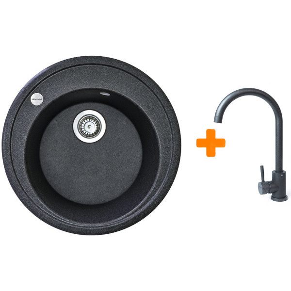 Набір кухонна Adamant Sun, штучний камінь, кругла, без крила, 510x200мм, чаша - 1, врізна, графіт + змішувач