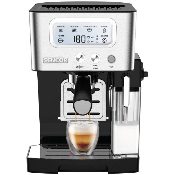 Кавоварка Sencor ріжкова 1.4л, мелена, автоматичний капучинатор, LCD-дисплей, нерж. сталь-чорний