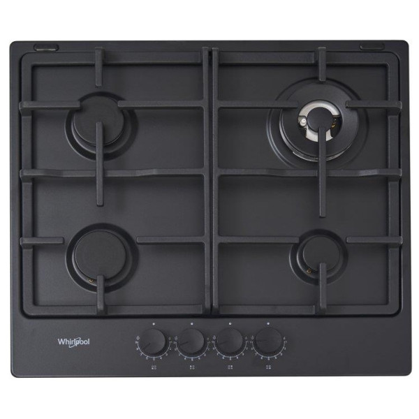 Варильна поверхня Whirlpool газова, 60см, чавун, конфорка з подвійним рядом полум'я, чорний